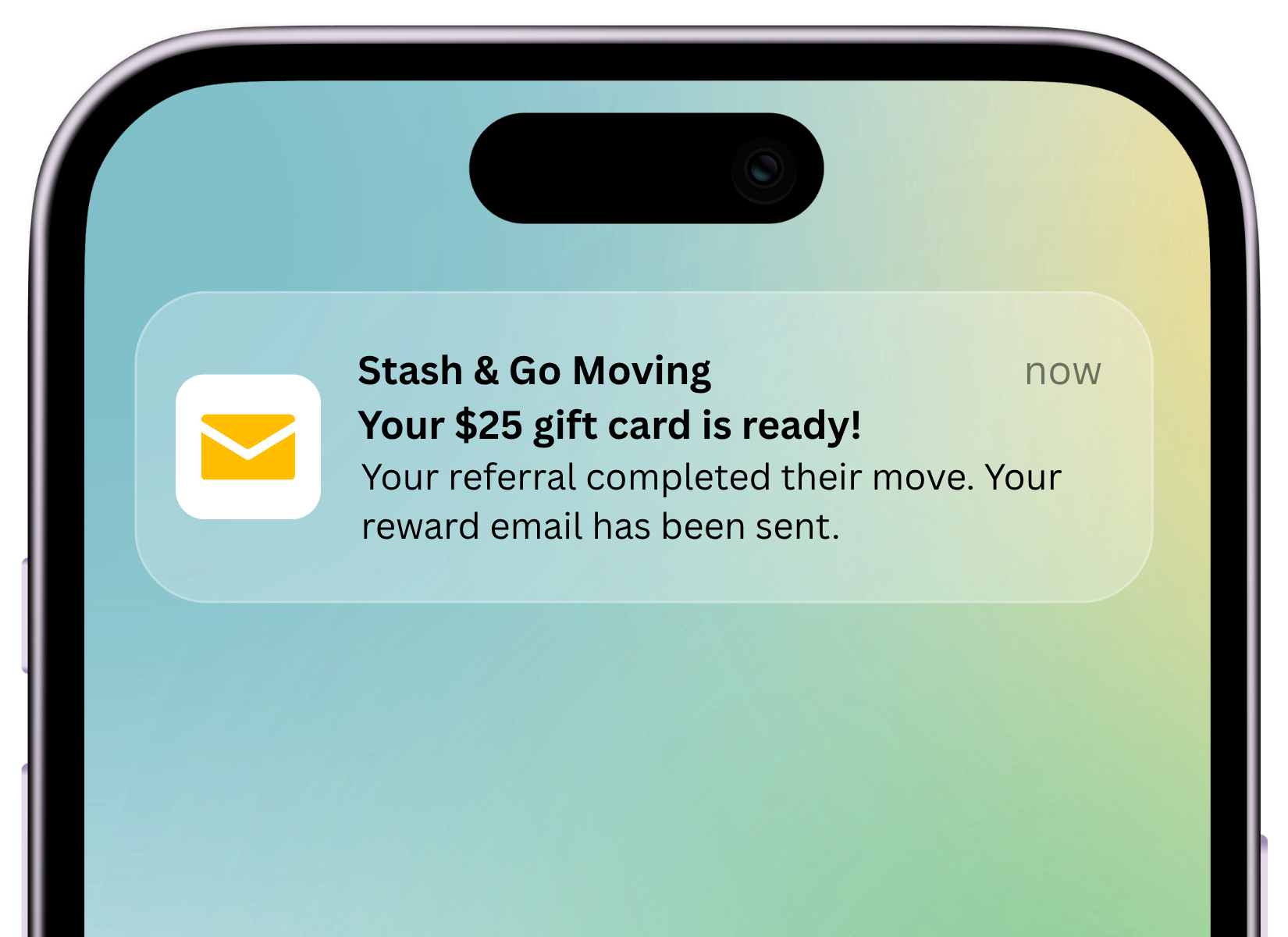 Mock phone notification showing a $25 referral gift card email